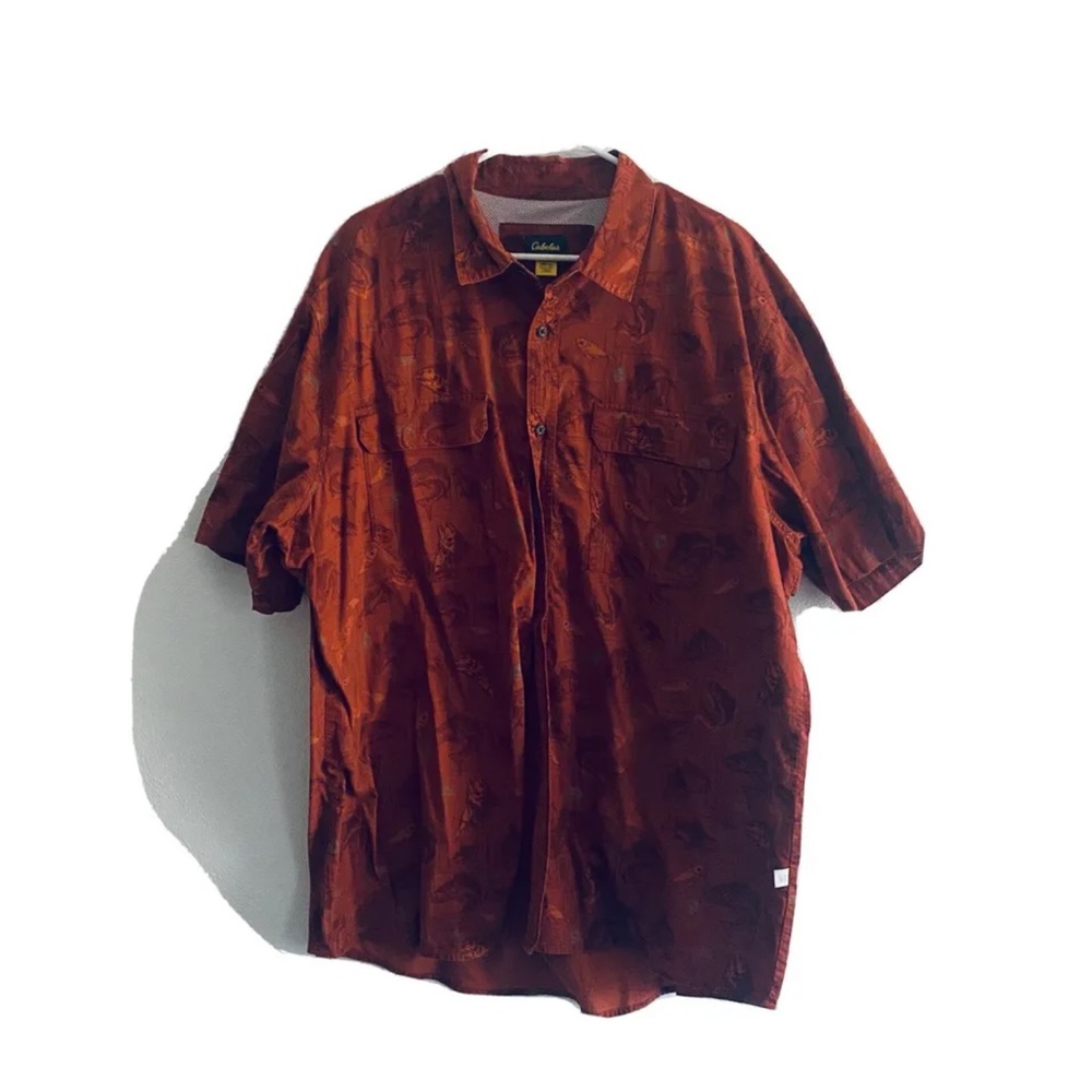 Cabela’s orange fish print button down shirt